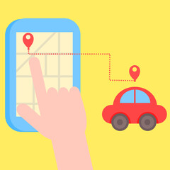 Gps navigation on mobile phone.Car sharing or online taxi service.City Map location and pin.Vehicle rental.Smartphone screen and hand.Sign, symbol, icon or logo.Vector illustration.Flat design.