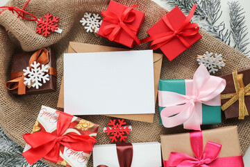 christmas gift concept. spruce branch, christmas balls and gift box 