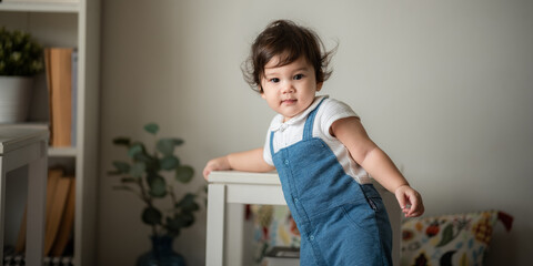 Cute little playful girl child learning to walk and stand by taking support of couch at home while looking away mischievously