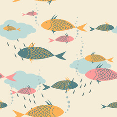 Hand drawn various shapes theme vector seamless pattern. pastel pink background with fish, clouds and bubbles. Contemporary modern trendy vector illustrations. Pastel colors. vector