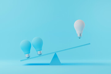 Light bulb floating between light blue lightbulb on seesaw. Creative thinking ideas and innovation...
