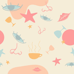 Hand drawn various shapes theme vector seamless pattern. pastel pink background with lips, nose, cup, glasses, stars and eyes. Contemporary modern trendy vector illustrations. Pastel colors. vector
