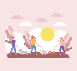 people with pets walking