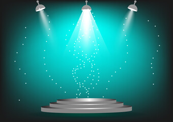 podium for show product or presentation with spotlight and sparkling green color background