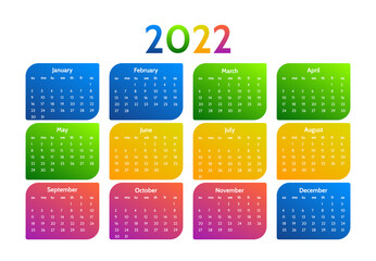 Calendar for 2022 isolated on a white background