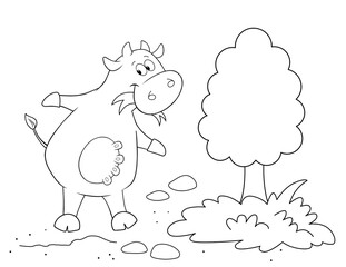 coloring sheet with a cute cow without spots, standing and eating grass, line drawing suitable for kids and toddlers. you can print it on standard paper