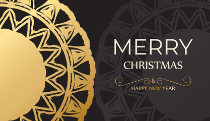 Merry Christmas and Happy New Year in black with gold pattern.