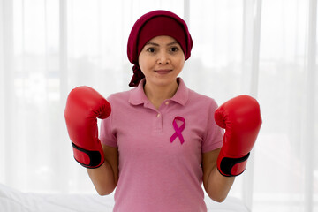 Asian woman on pink shirt with international ribbon sign of breast cancer awareness on chest and wearing red boxing glove expressing fighting support for health care against disease.