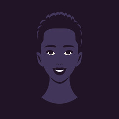 An African young woman is smiling. An avatar of a happy teenager on dark background. Diversity and LGBTQ. Vector flat illustration