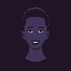 An African young woman is smiling. An avatar of a happy teenager on dark background. Diversity and LGBTQ. Vector flat illustration