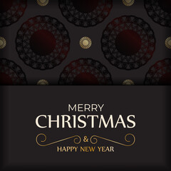Greeting card Happy New Year and Merry Christmas in black color with winter pattern.