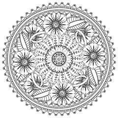 mehndi flower decorative ornament in ethnic oriental style, doodle ornament, outline hand draw.