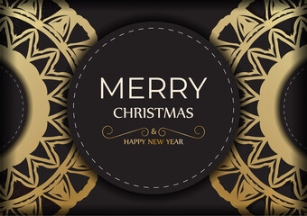 Template Greeting card Happy New Year and Merry Christmas in black color with gold ornament.