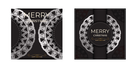 Greeting card Happy New Year and Merry Christmas in black color with winter pattern.