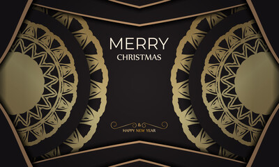 Poster template Happy New Year and Merry Christmas in black color with gold ornaments.