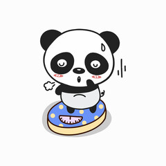 Cute  panda weighed on the scales. Cute cartoon character.