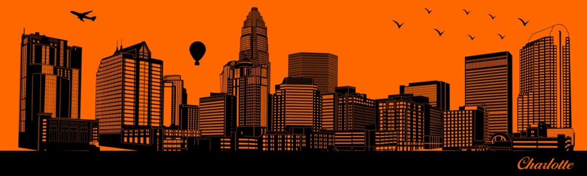 Vector city skyline silhouette - illustration, 
Town in orange background, 
Charlotte, Ohio