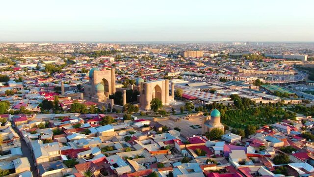 Panorama Of The Ancient City Of Samarkand With Registan Square In Uzbekistan, Central Asia. - Aerial