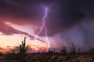 Sunset lightning storm in the desert