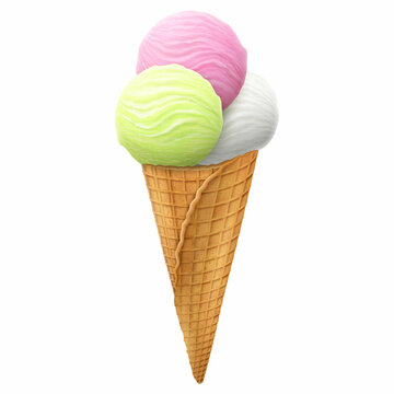 Various ice cream scoops with assorted balls of vanilla, butterscotch , strawberry and creamy ice cream in a waffle cone, isolated on a white background. Realistic 3D vector illustration