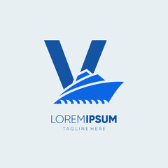 Letter V Ship Logo Design Vector Icon Graphic Illustration Emblem Background Template