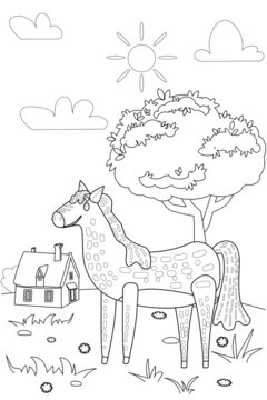 Cute horse farm animals coloring book educational illustration for children. Rural landscape colouring page. Vector black white outline cartoon character