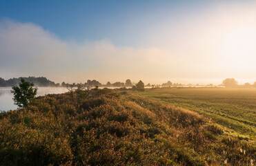 Fototapeta na wymiar Pond with misty fog and meadow. Amazing morning sunrise, late summer Czech landscape