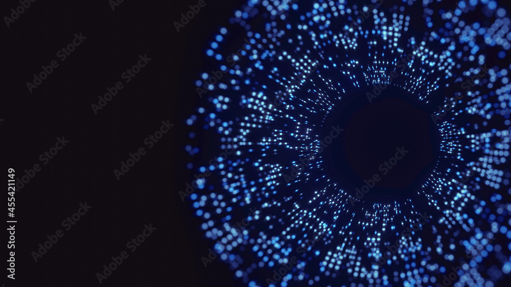 Poster 3d rendering of abstract digital circle dots with depth of field effect. for technology, hi tech pro