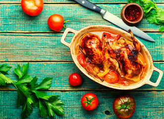 Quail baked in tomatoes