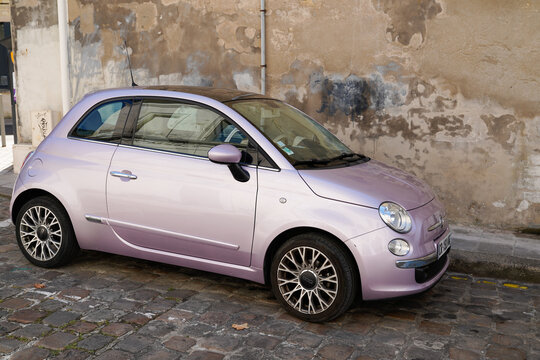 Fiat 500 Purple Pink Vintage Modern Car In Street Side View