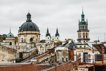 Roofs of Church and Monastery of Discalced Carmelites, Dormition Church, Korniakt Tower, The Church of the Holy Eucharist in Lviv.