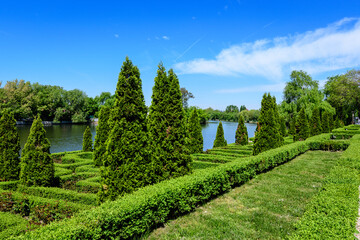 Landscape with old green trees near Mogosoaia lake and park, a weekend attraction close to Bucharest, Romania, in a sunny spring day