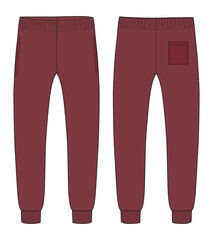 Fleece Red color fabric jogger sweatpants overall technical fashion flat sketch vector template front and back views isolated on white background. Man, women and kids Clothing unisex cad Mock up.