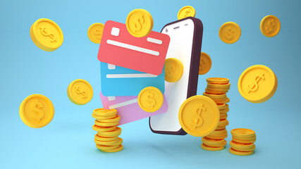 Contactless payment wireless pay by credit card on smartphone, 3d rendering