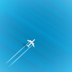 Naklejka na ściany i meble Jetliner flight above the blue sea on top speed. Aircraft with turbines trace and shadow. Template for design with copyspace