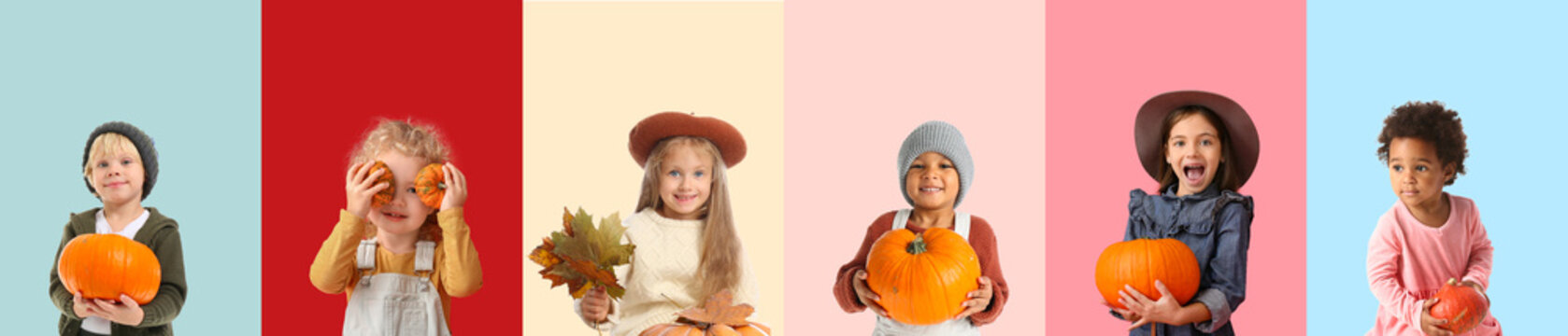 Little children with pumpkins on color background