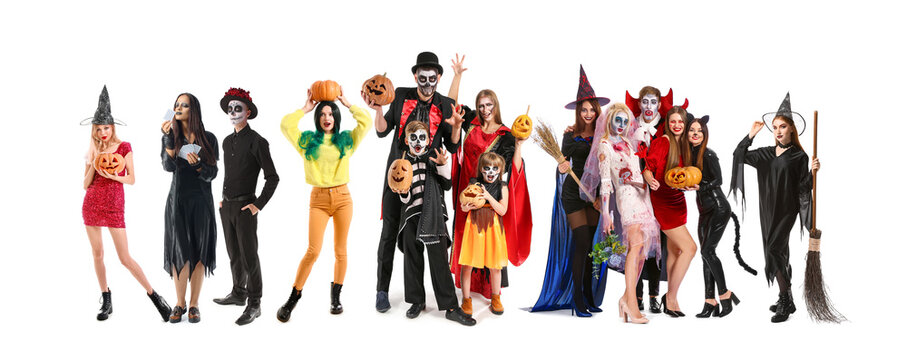 Friends in Halloween costumes on white background