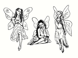 Beautiful fairy collection. Ink black and white doodle drawing in woodcut style illustration