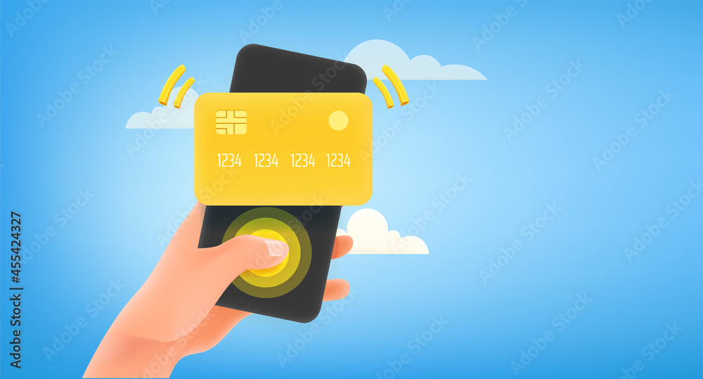 Poster man using credit card for payment via smartphone