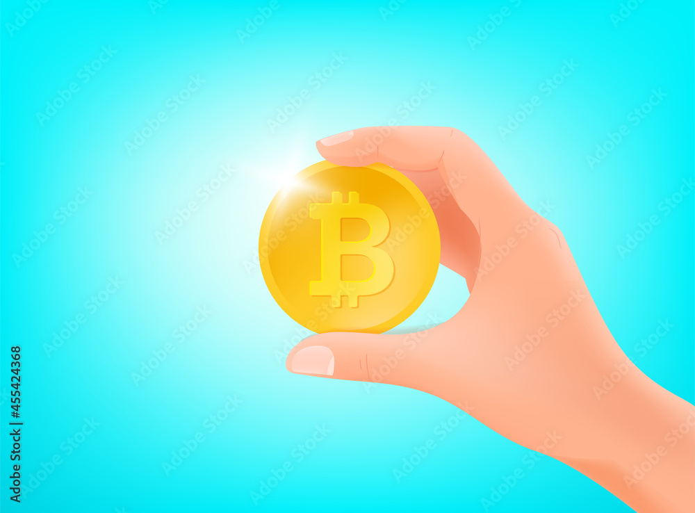 Aufkleber receiving or send bitcoin. concept with hand and bitcoin
