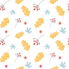 Seamless pattern with autumn leaves and berries on a white background. Vector endless texture for seasonal floral design