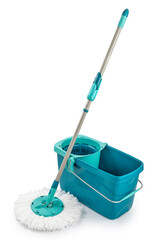 mop and plastic bucket isolated on white background - 455424318