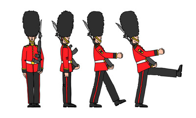 a set of standing and marching royal guards in bear hats, a symbol of London, a color vector illustration with black contour lines isolated on a white background in a cartoon and hand drawn style - obrazy, fototapety, plakaty