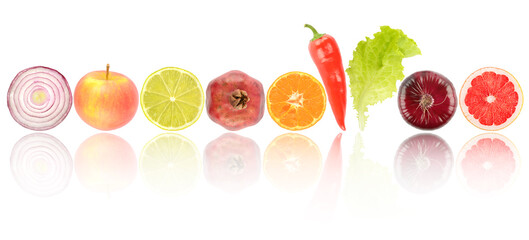 Fresh bright fruits and vegetables in row with light reflection isolated on white