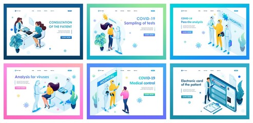 Obraz na płótnie Canvas Collection of landing pages. Work of medical personnel during the epidemic, patient care, reception of patients, patient care, examination. Isometric characters