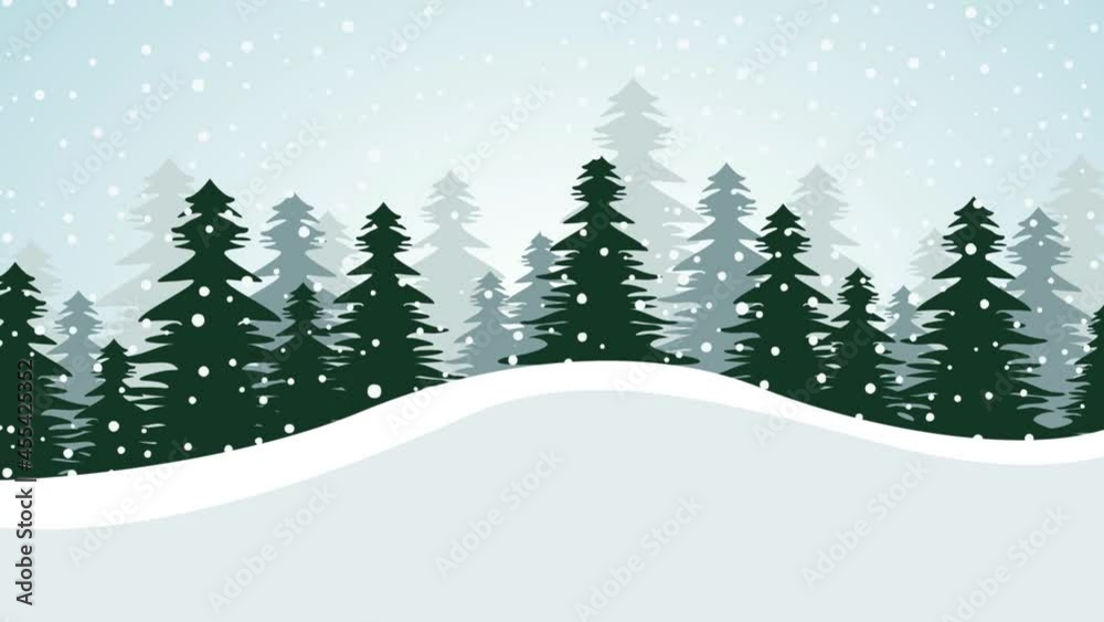 Wall mural Winter snowy landscape, christmas background with fir trees. Animated  illustration of falling snow on forest . Loop footage 4k