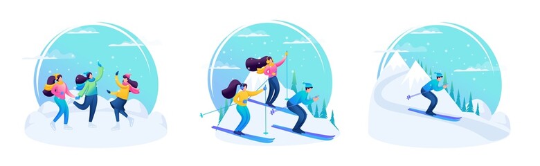 Set of illustration. Friends have a great time winter, ice skating, skiing. 2D Characters