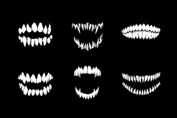 Horror monster and vampire or zombie fangs teeth silhouette vector illustration collection isolated on black background - obrazy, fototapety, plakaty