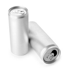 Cans of soda on white background