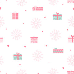 Christmas seamless pattern with gift boxes, snowflakes and hearts for wrapping paper or fabric in childish cartooon style on white background, winter holidays ornate